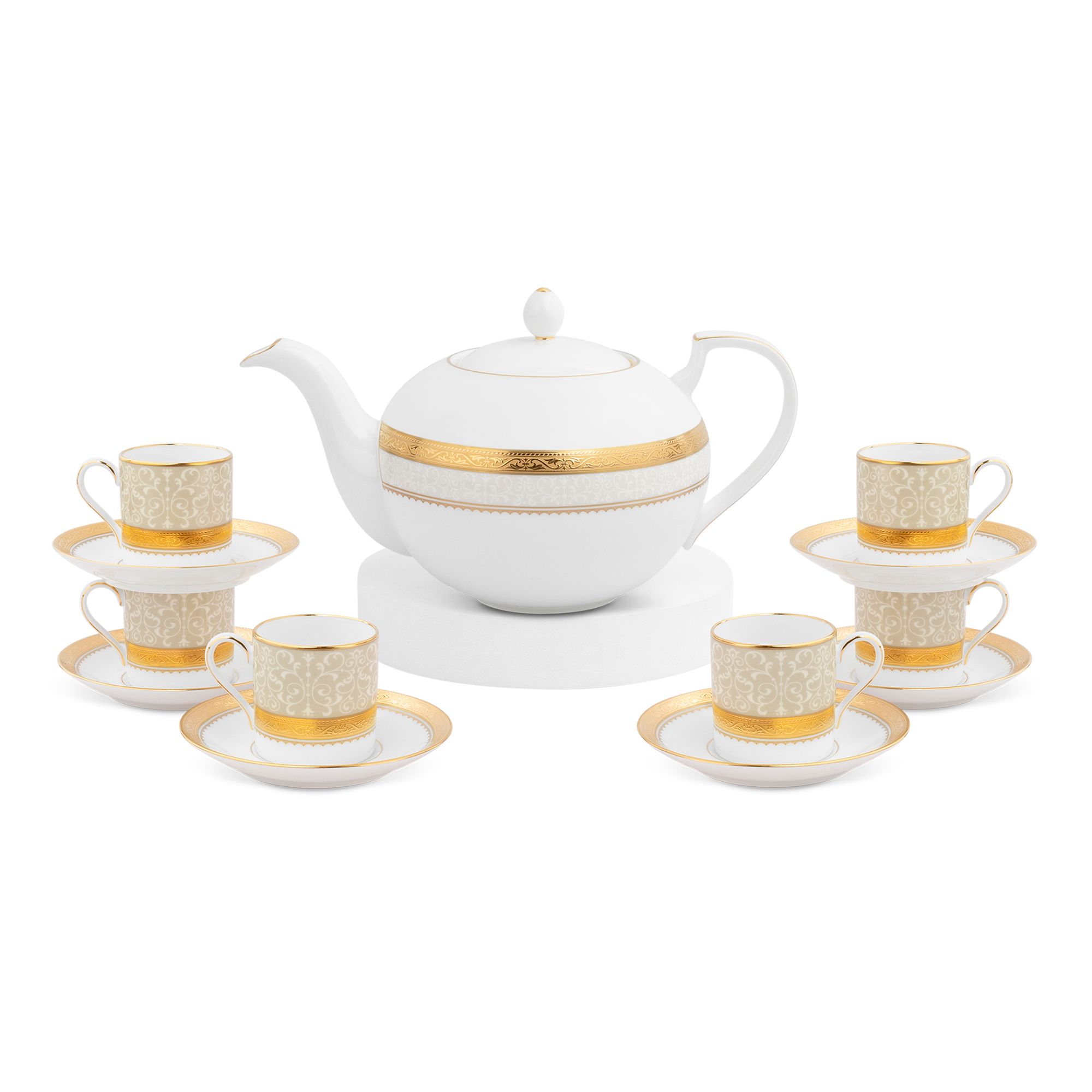 Bộ ấm chén uống trà (ấm 1.150ml, chén 90ml) 13 món sứ xương | Odessa Gold 4874L - T014XR