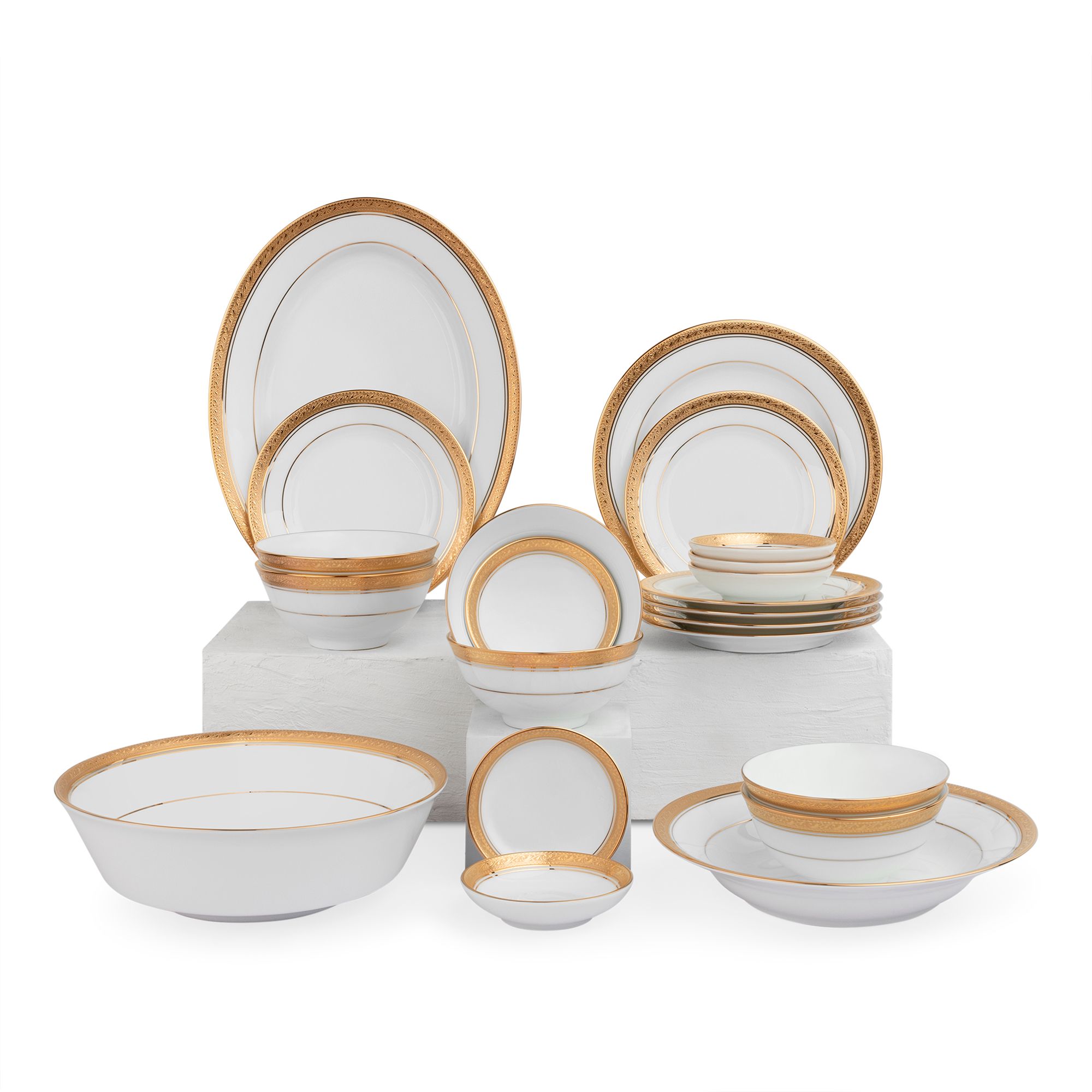 Bộ bát đĩa ăn châu Á cơ bản 22 món (cho 6 người) sứ trắng | Crestwood Gold 4167L - D022AB