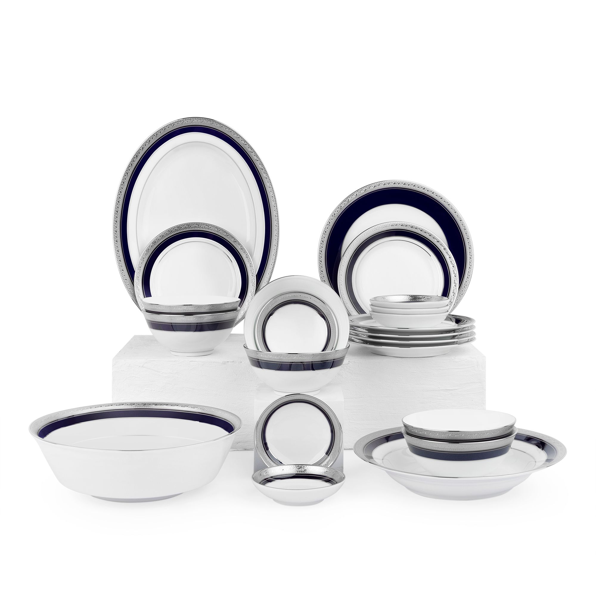 Bộ bát đĩa ăn châu Á cơ bản 22 món (cho 6 người) sứ trắng | Crestwood Cobalt Platinum 4170L - D022AB
