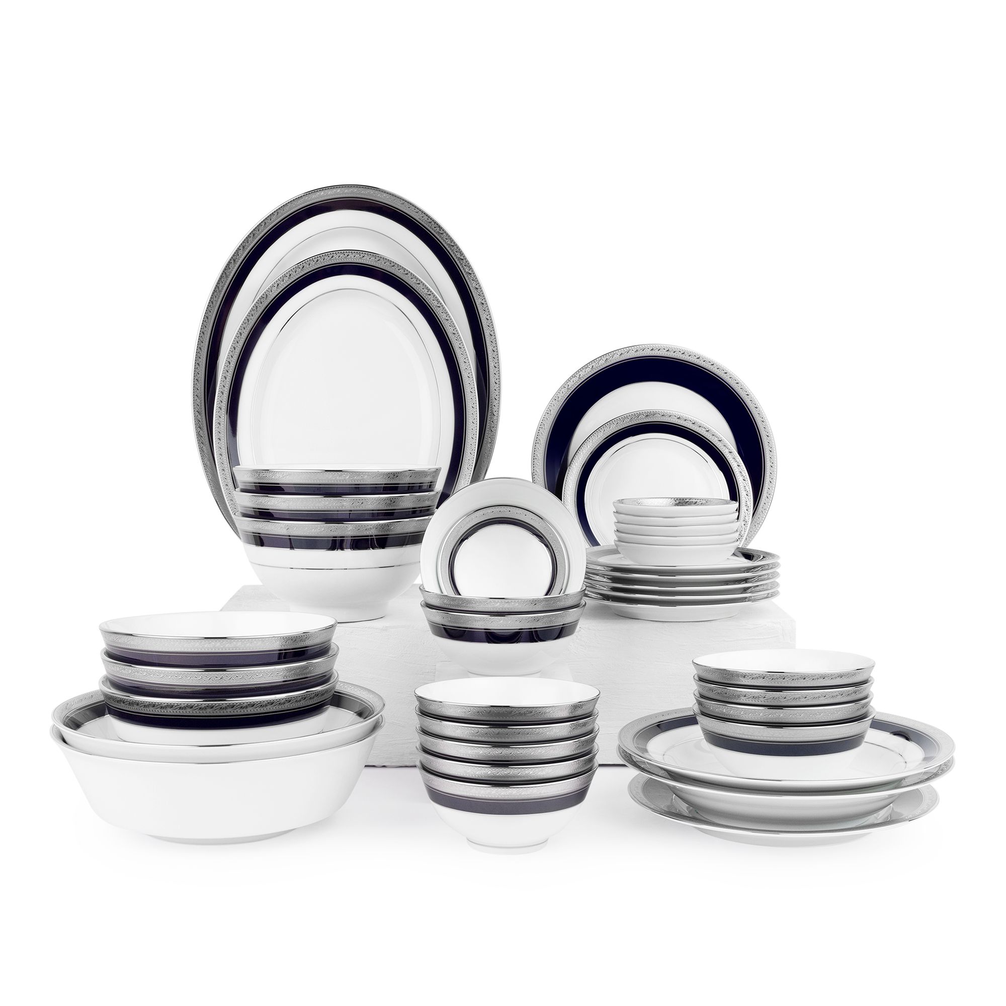 Bộ bát đĩa ăn châu Á đầy đủ 38 món (cho 6 người) sứ trắng | Crestwood Cobalt Platinum 4170L - D038AB