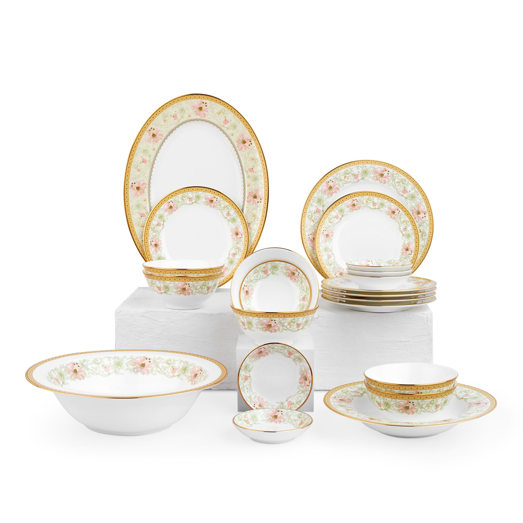 Bộ bát đĩa ăn châu Á cơ bản 22 món (cho 6 người) sứ xương | Blooming Splendor 4892L - D022AB