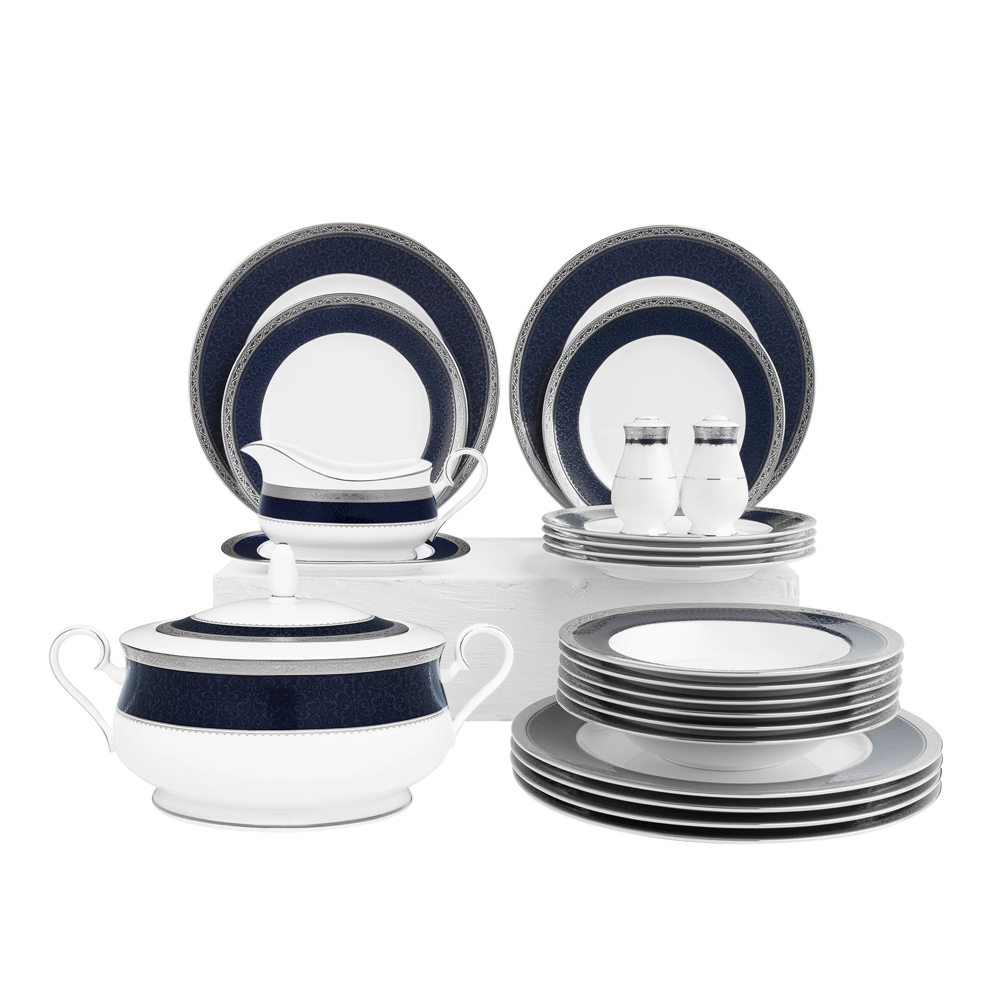 Bộ đĩa ăn kiểu Âu 22 món (cho 6 người) sứ xương | Odessa Cobalt Platinum 4922L - D024AN