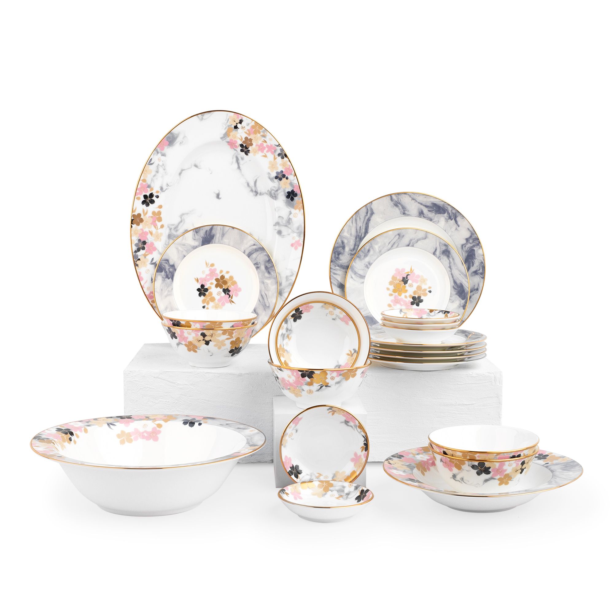 Bộ bát đĩa ăn châu Á cơ bản 22 món (cho 6 người) sứ xương | Moonlit Blossoms 4969L - D022AB