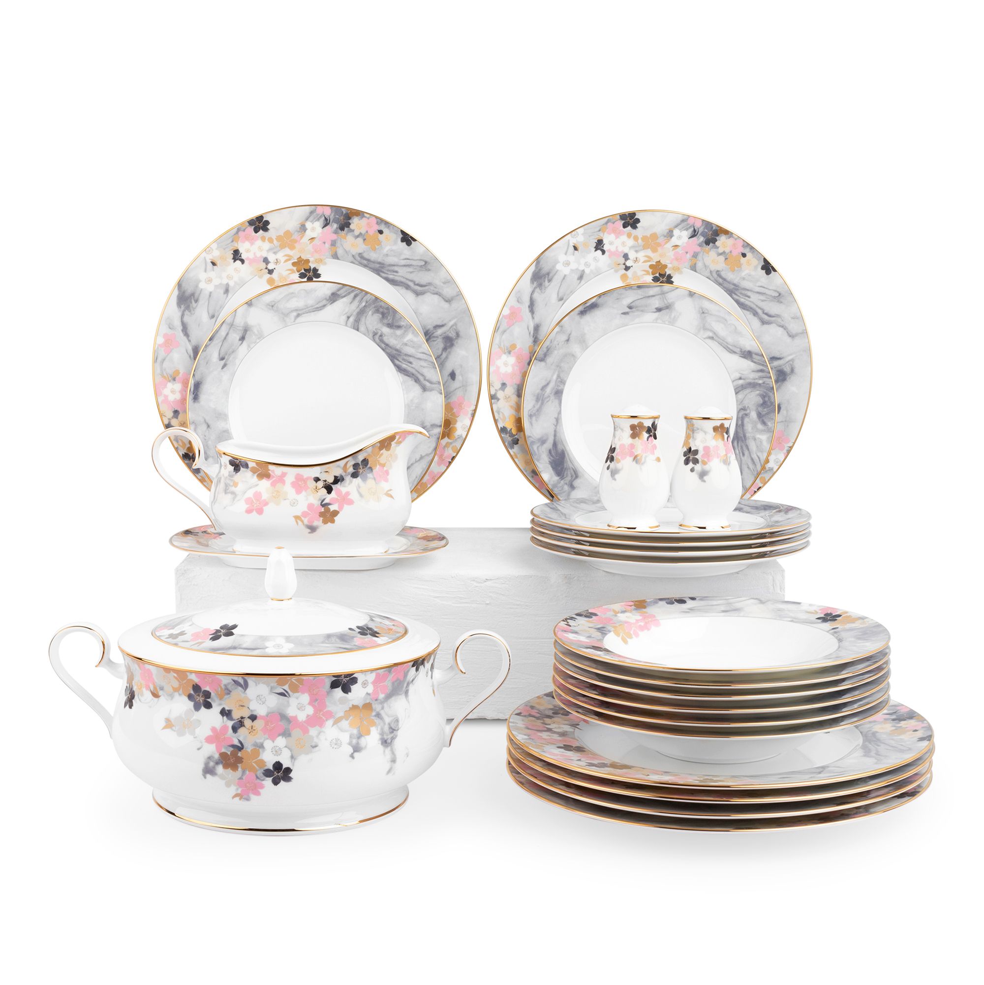 Bộ đĩa ăn kiểu Âu 22 món (cho 6 người) sứ xương | Moonlit Blossoms 4969L - D024AN