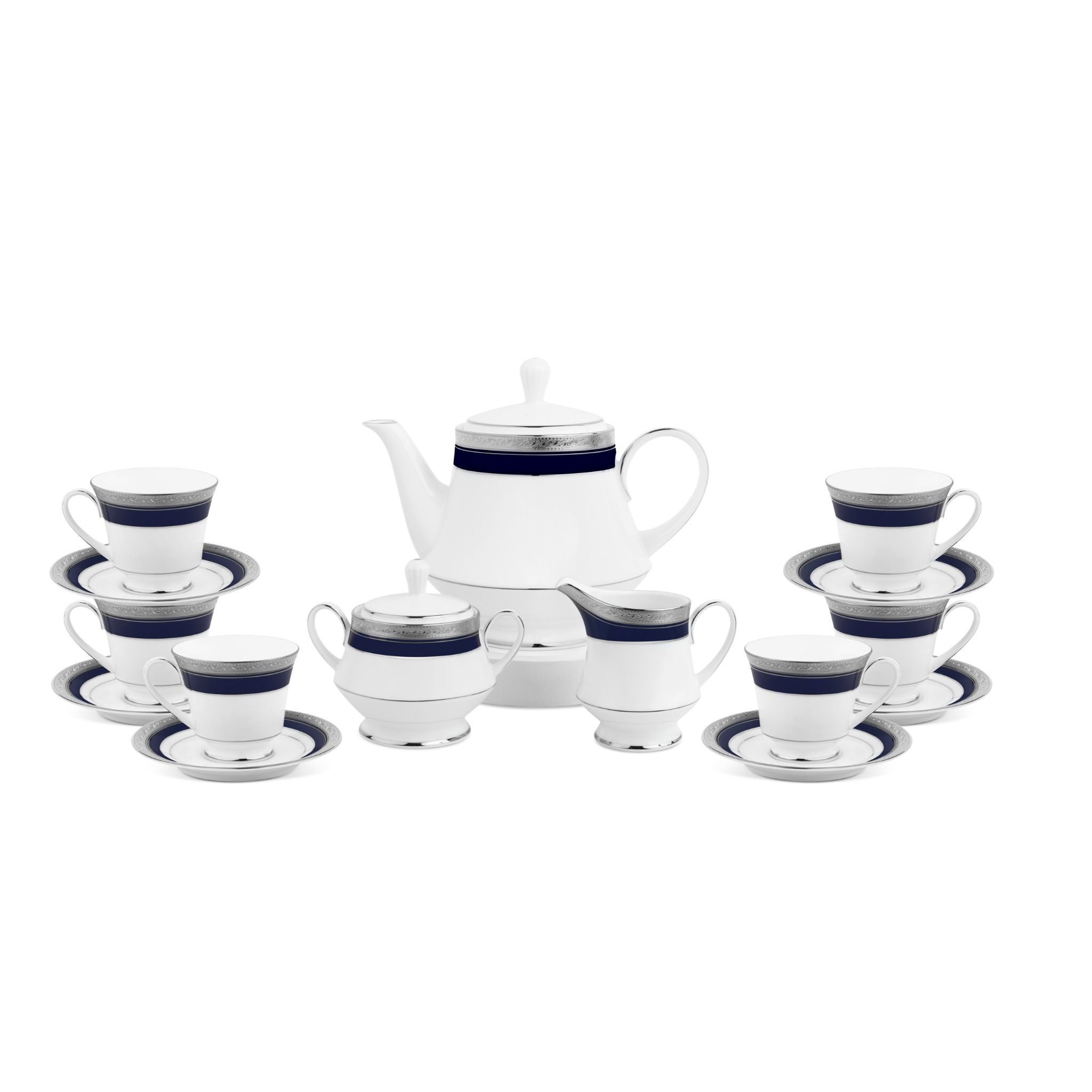 Bộ ấm chén uống trà (ấm 1.200ml, chén 230ml) 15 món sứ trắng | Crestwood Cobalt Platinum 4170L - T017A