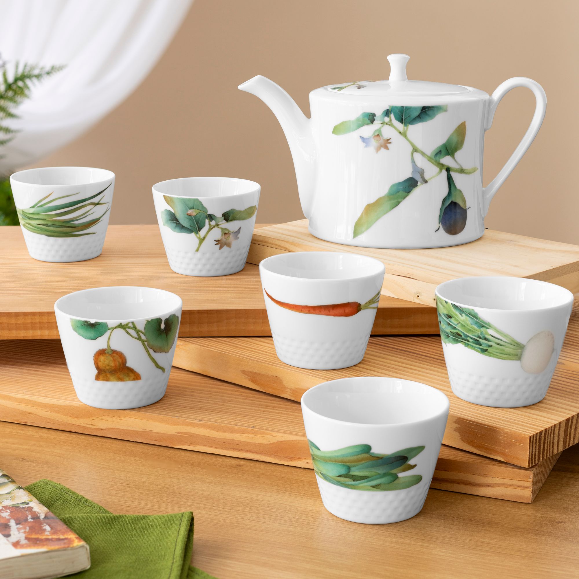 Bộ ấm chén uống trà Nhật (ấm 1.075ml, chén 220ml) 07 món sứ trắng | Kyoka Shunsai 1620-17L - T08A