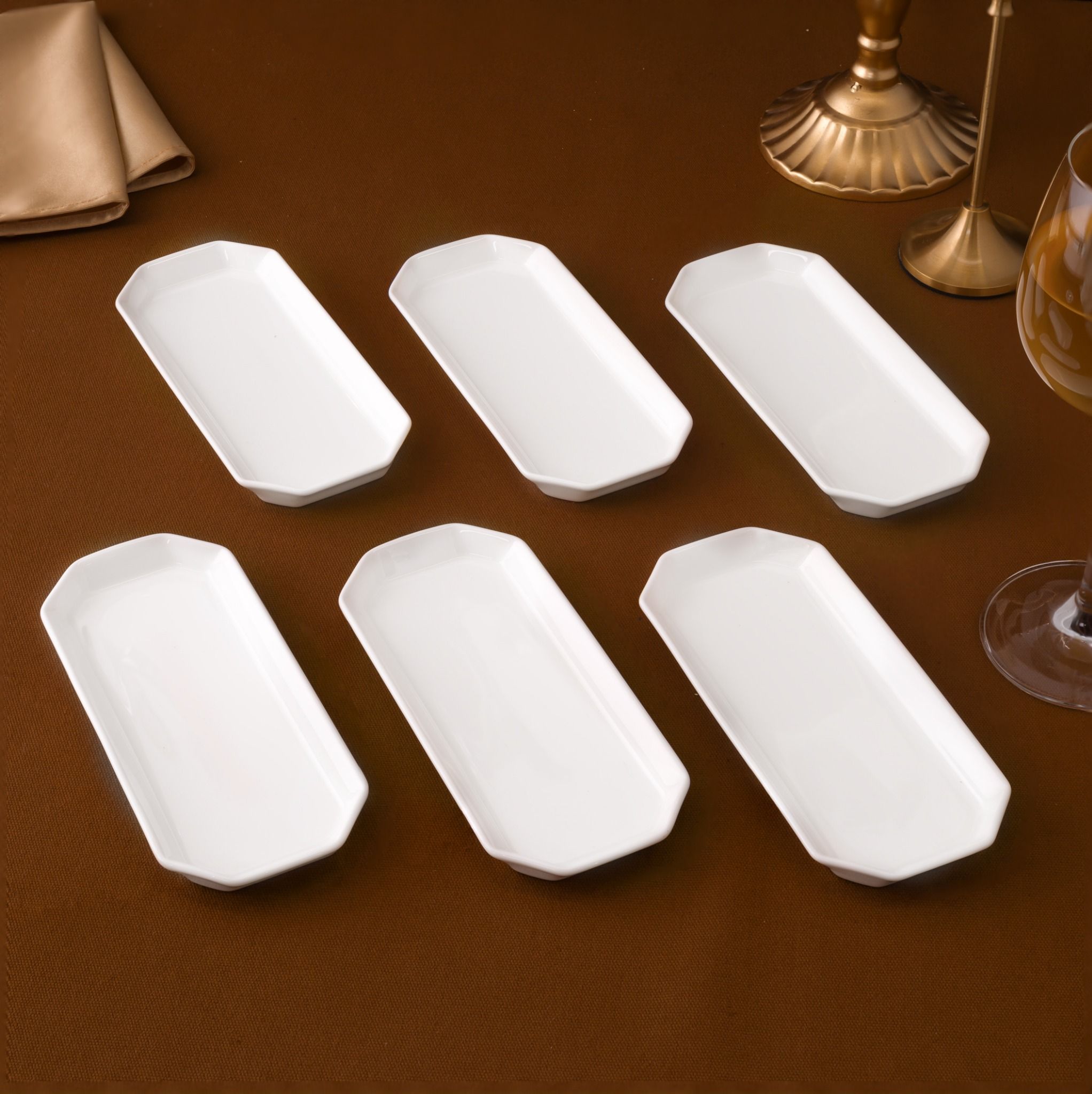 Bộ 06 khay chữ nhật vát cạnh (khay bát giác) dài 18,6cm đựng khăn ướt sứ xương | Plain White 9990L - S54806A