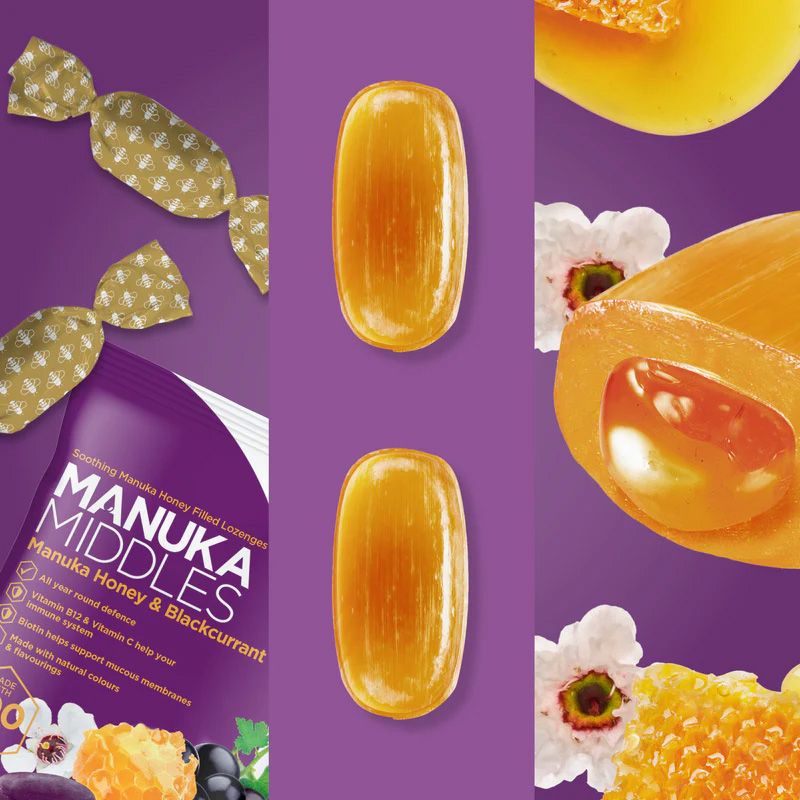 Kẹo mật ong Manuka Middles - Manuka Honey & Blackcurrant 100g (UK - Anh Quốc)