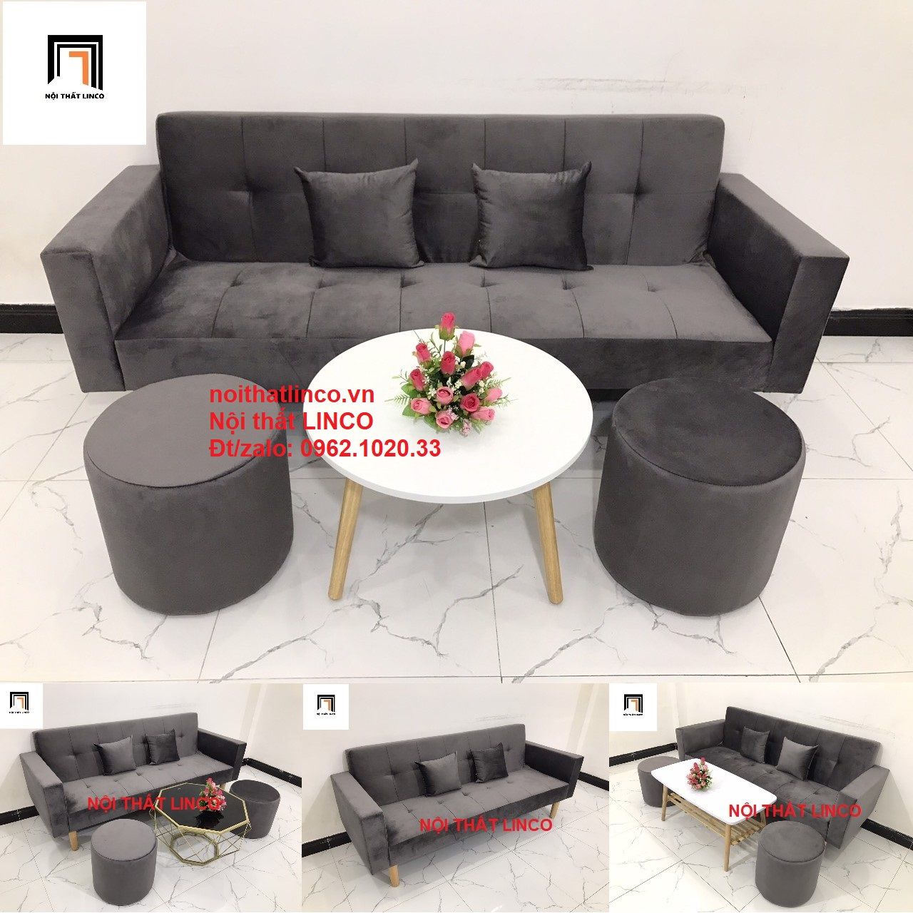 Bộ ghế sofa băng giường nằm dài 2m xám lông chuột vải nhung