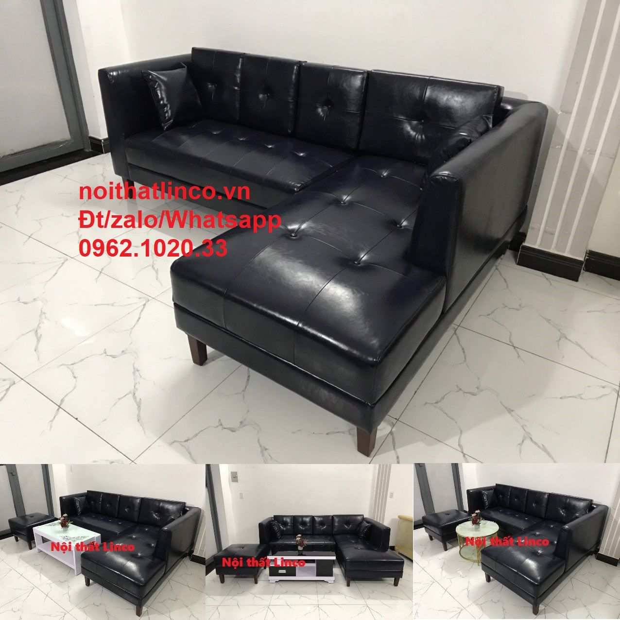 Bộ ghế sofa góc da giả 2m2 x 1m6 màu xanh than