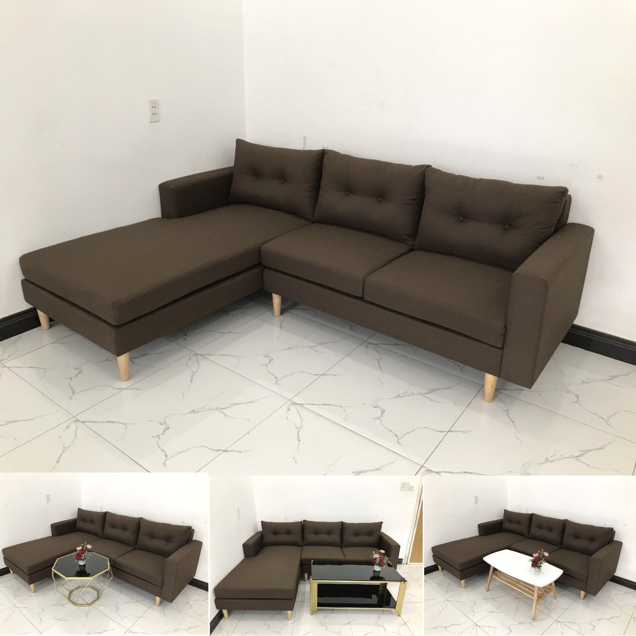 Ghế sofa góc gia đình nâu đậm 2m2 x 1m6 giá rẻ