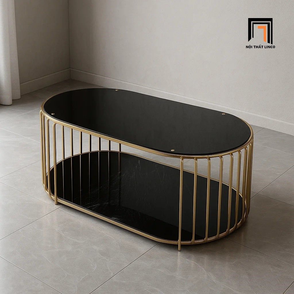 Bàn sofa hình oval mặt kính đen 2 tầng BTPK4 Neya 1m x 50