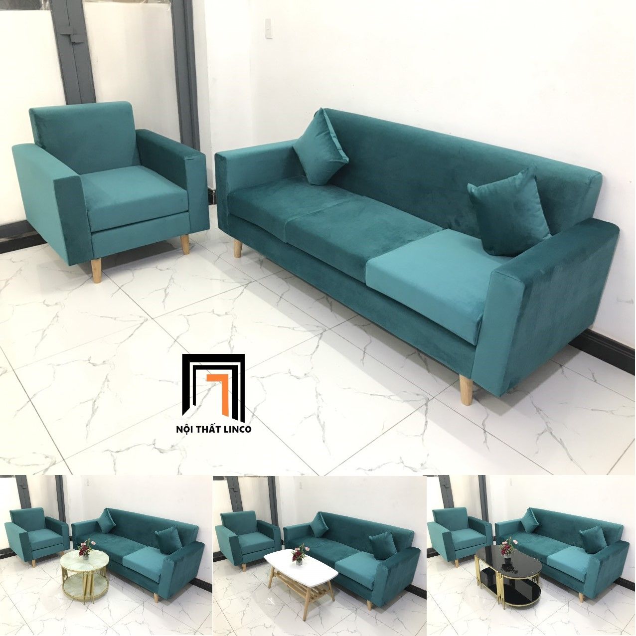 Bộ ghế sofa phòng khách nhỏ NS05 bọc vải nhung xanh lá giá rẻ