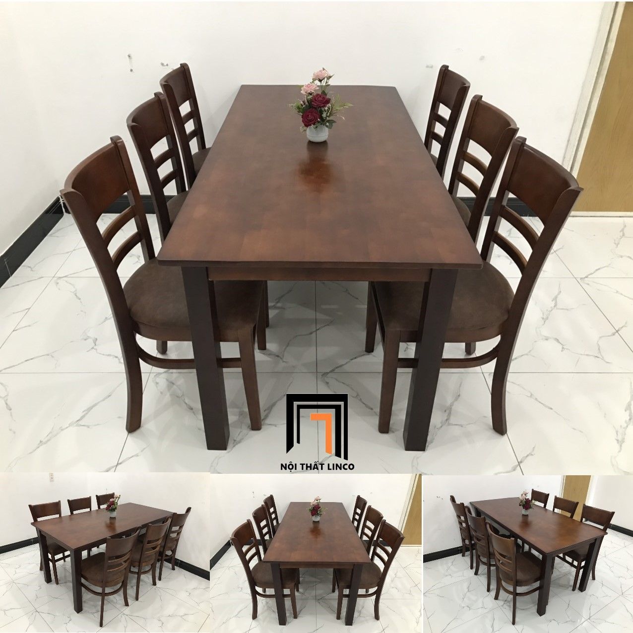 Bàn ăn gia đình 3-KH6-G2-B108-nau 1m6 6 ghế màu nâu đậm