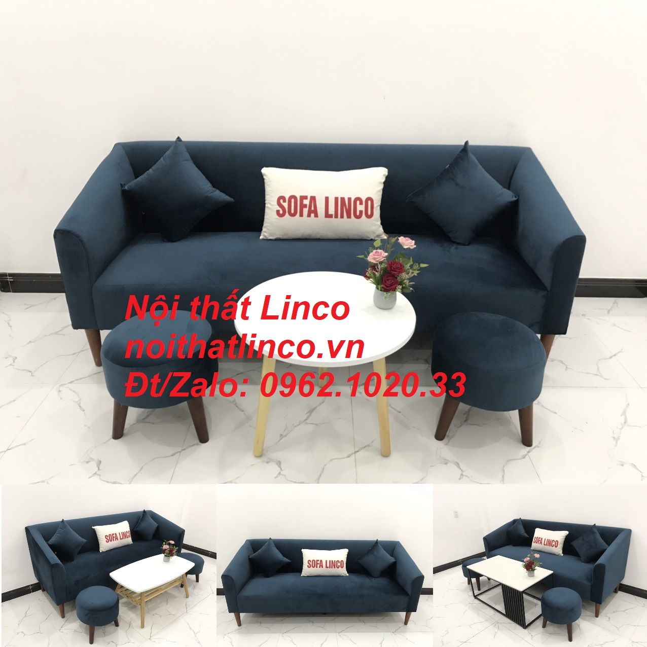 Bộ ghế sofa băng dài xanh dương đậm đen giá rẻ Nội thất Linco Sài Gòn