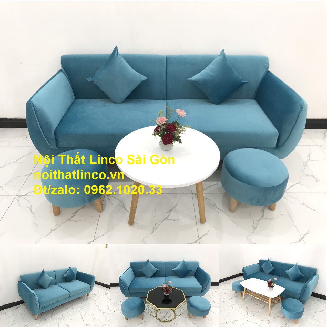 Bộ bàn ghế sofa băng xanh dương nước biển | sopha giá rẻ xanh dương da trời đẹp | ở tại Linco Sài Gòn