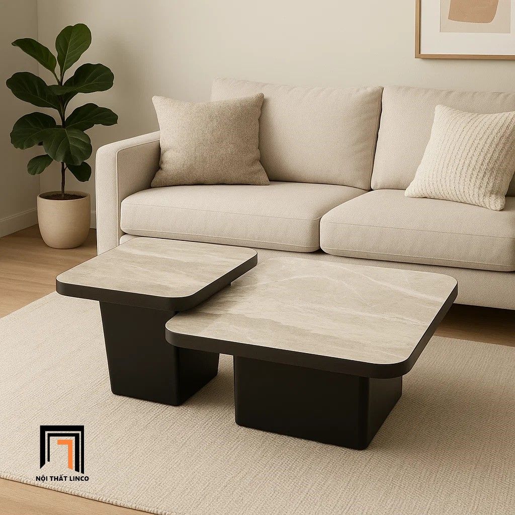 Cặp bàn sofa phòng khách hiện đại BTPK90 Trivoli mặt đá vuông