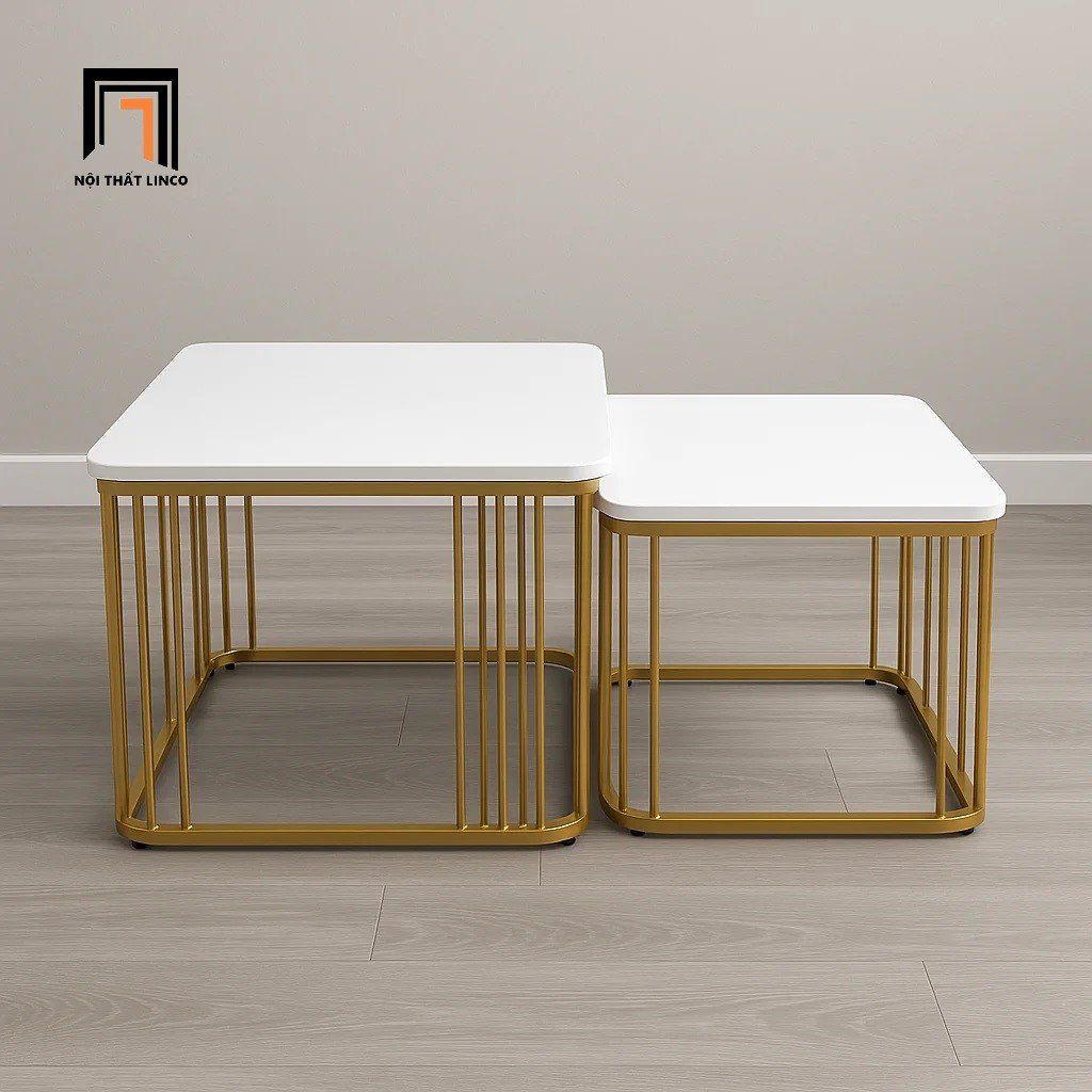 Cặp bàn sofa vuông mặt đá trắng BTPK22 Kasbah khung vàng