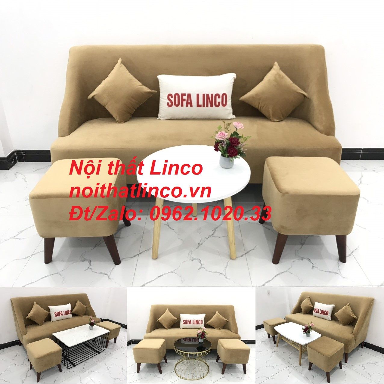 Bộ bàn ghế Sofa salong băng văng dài nâu sữa giá rẻ Nội thất Linco SG