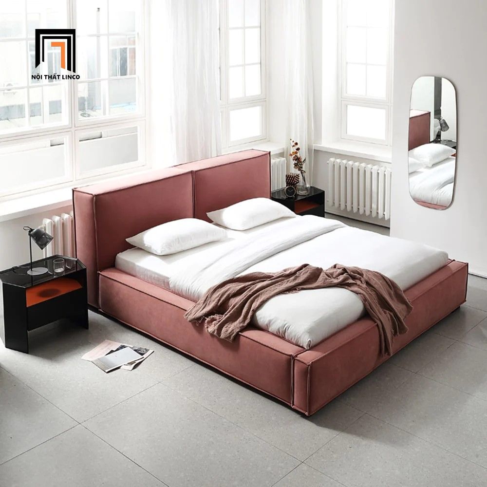 Giường ngủ hiện đại GN39 Ellia màu hồng đậm vải nhung nỉ