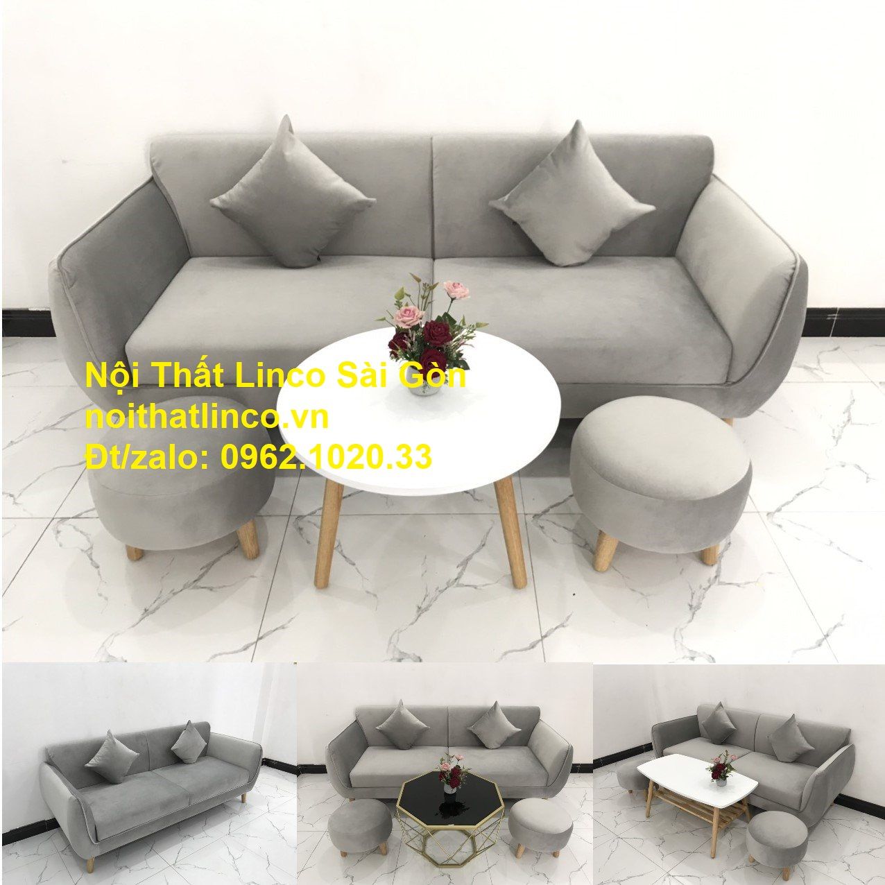 Bộ ghế salong băng dài 1m9 đẹp | Sofa văng xám lông chuột giá rẻ | Nội thất Linco Sài Gòn