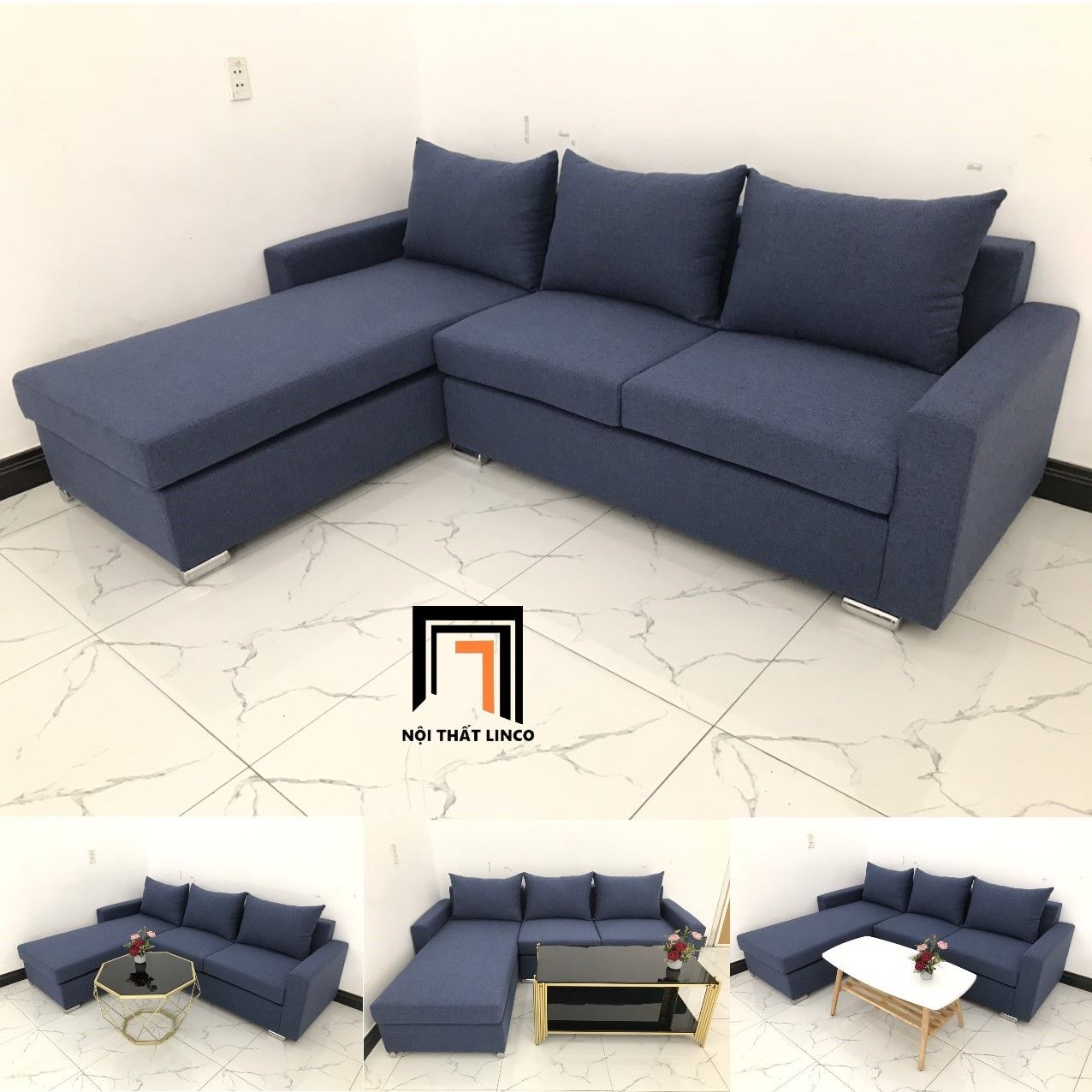 Bộ bàn ghế sofa góc L dài 2m2 x 1m6 màu xanh dương đậm giá rẻ
