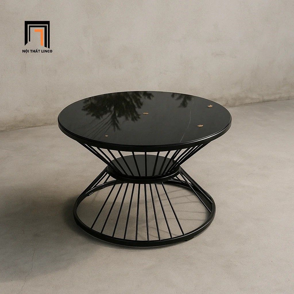 Bàn sofa mặt kính tròn đen 60cm BTPK2 Jawli cho nhà nhỏ
