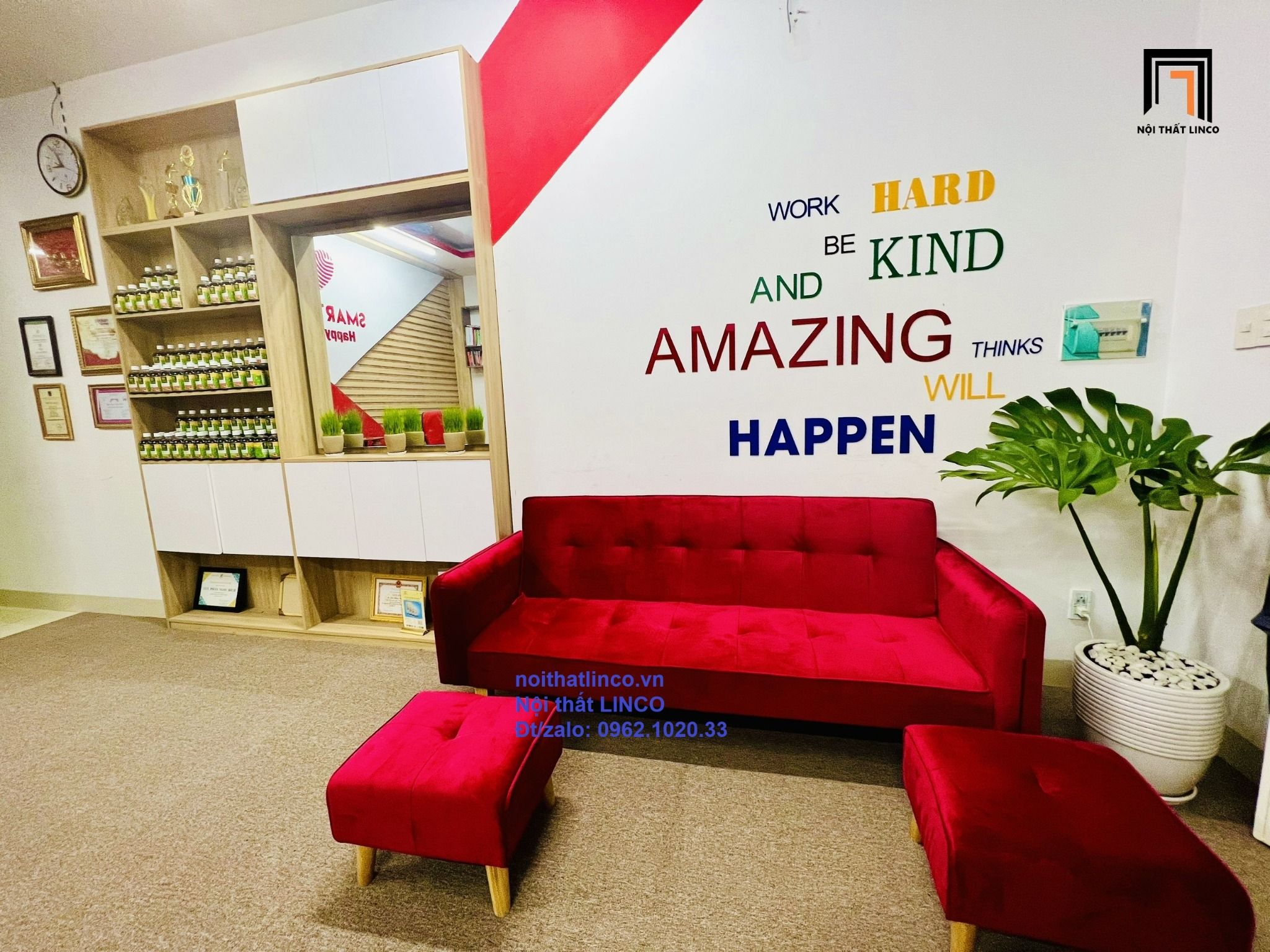Bộ ghế sofa giường đa năng 2m màu đỏ vải nhung giá rẻ