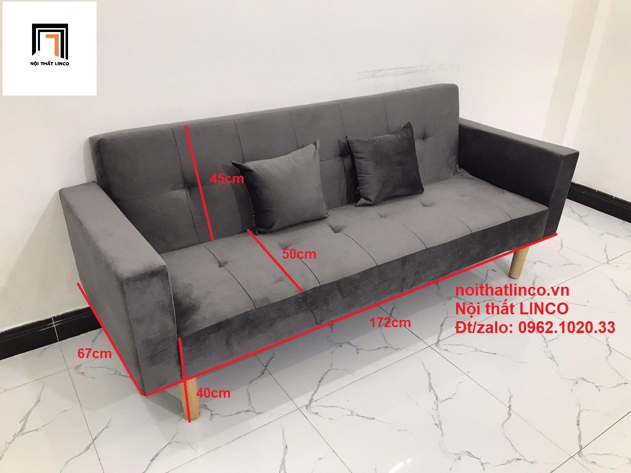 Bộ ghế sofa băng giường nằm dài 2m xám lông chuột vải nhung