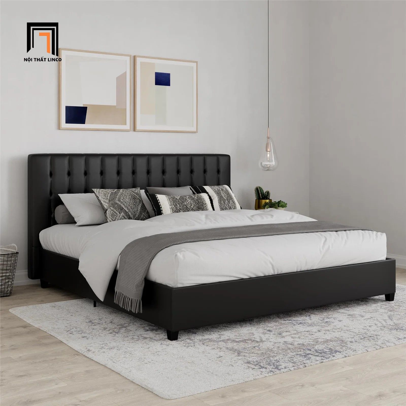 Giường ngủ bọc da giả màu đen GN5 Acquaviva sang trọng