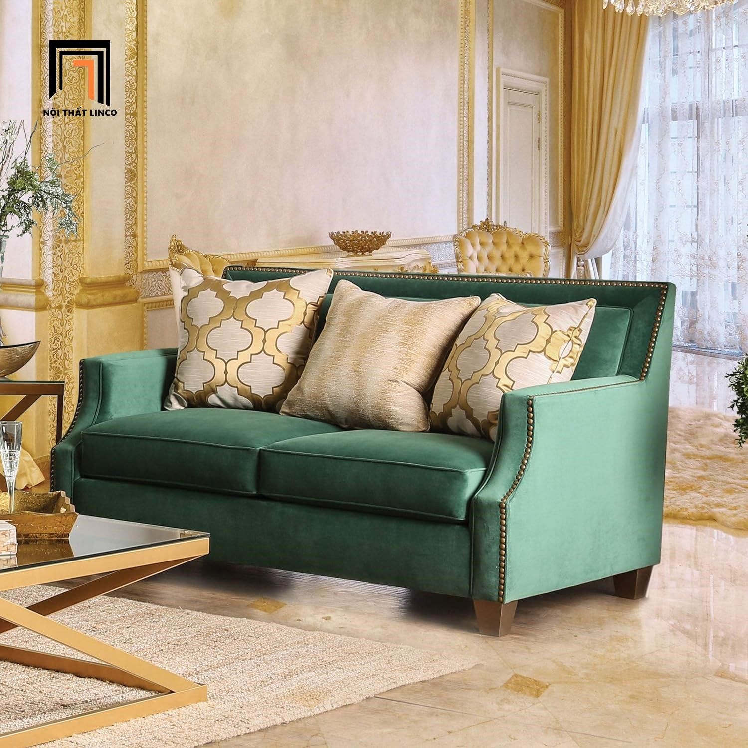 Bộ ghế sofa phòng khách sang trọng KT117 Yazzie xanh lá vải nhung