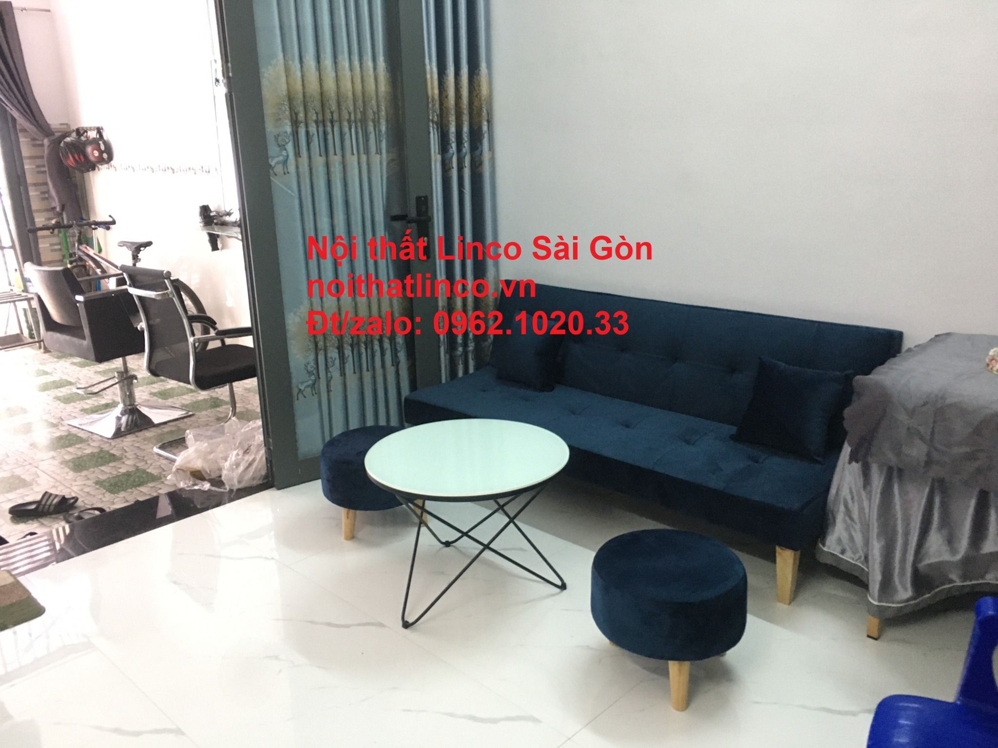 Ghế sofa giường 1m7 giá rẻ | Màu xanh dương đậm vải nhung đẹp | Nội Thất Linco tphcm Sài Gòn