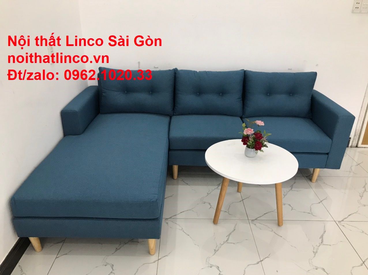 Bộ ghế sofa góc chữ L xanh dương nước biển đẹp hiện đại giá rẻ phòng khách | Nội thất Linco Tphcm