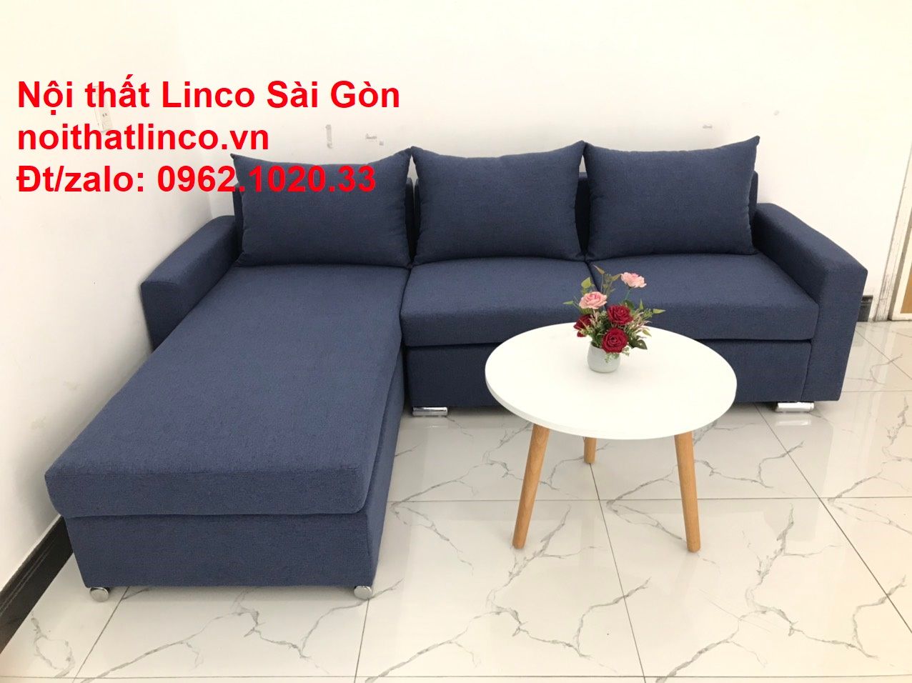 Bộ bàn ghế sofa góc L đẹp, sofa góc dài 2m2 nhỏ rẻ xanh dương đen | Nội thất Linco Tphcm