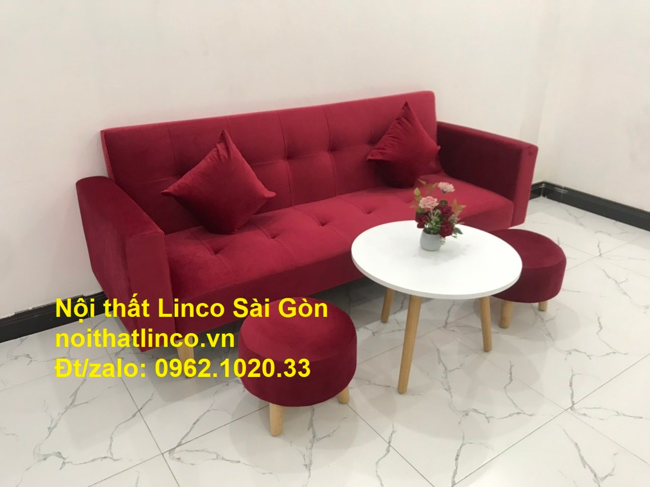 Bộ ghế sofa giường đa năng màu đỏ vải nhung rẻ đẹp | Nội thất Linco Sài Gòn