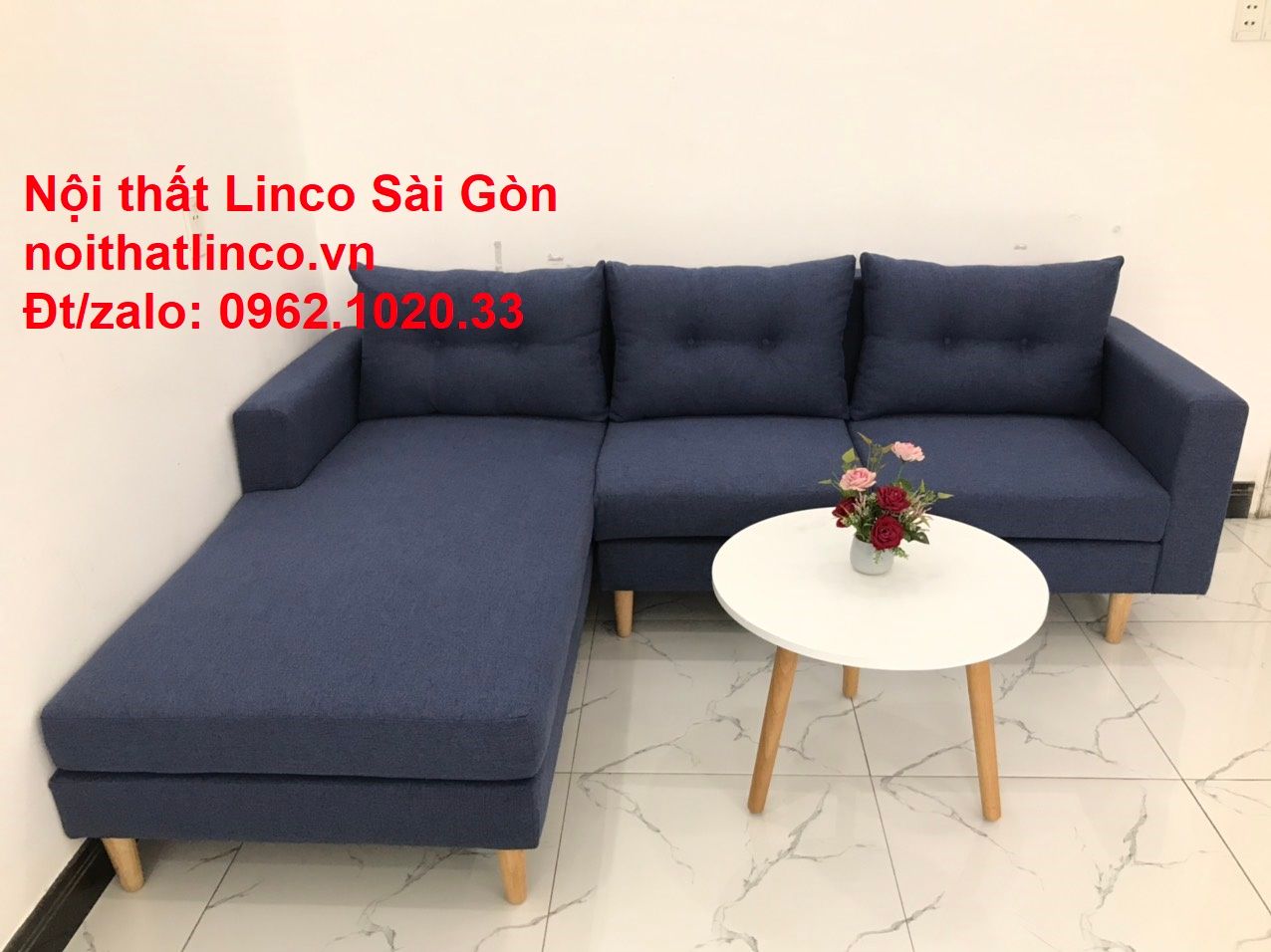 Bộ bàn ghế sofa góc L đẹp, sofa góc dài 2m2 x 1m6 nhỏ giá rẻ xanh dương đen | Nội thất Linco HCM