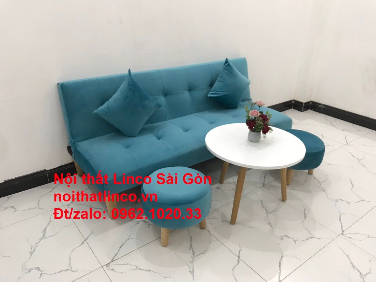 Bộ ghế sopha salon màu xanh nước biển đẹp | Sofa giá rẻ phòng khách | Nội thất Linco Sài Gòn