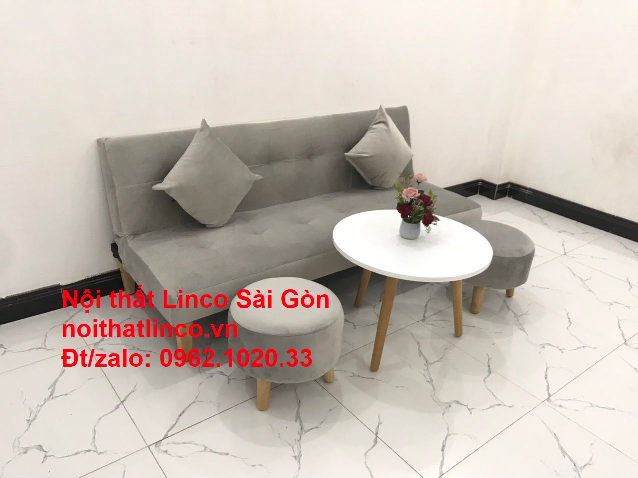 Bộ ghế sofa bed giường nằm nhỏ gọn 1m7 giá rẻ xám lông chuột vải nhung ở tại Nội thất Linco Sài Gòn
