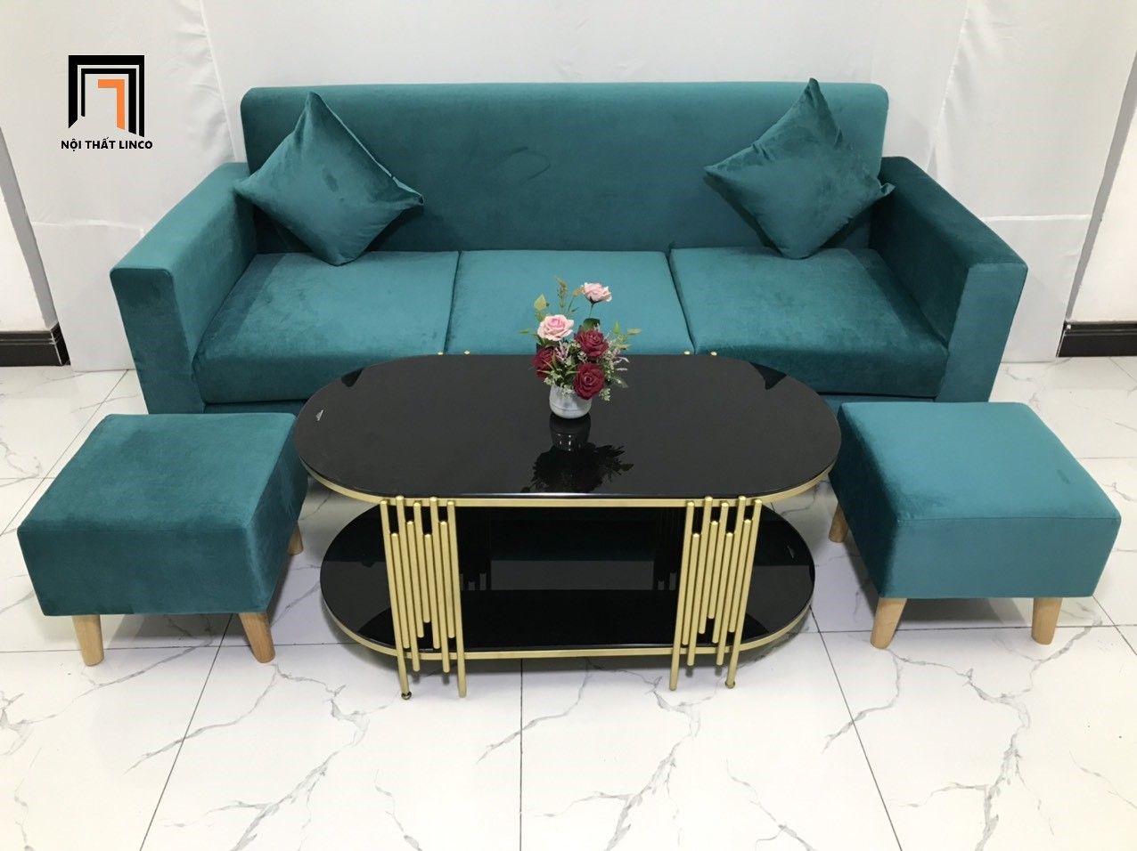Bộ ghế sofa băng nhỏ gọn NS05 dài 1m9 màu xanh lá vải nhung