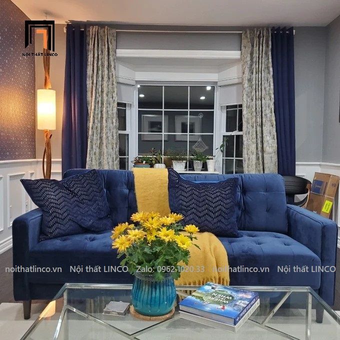 Ghế sofa băng BT26 Rosenow dài 1m9 màu xanh đen vải nhung