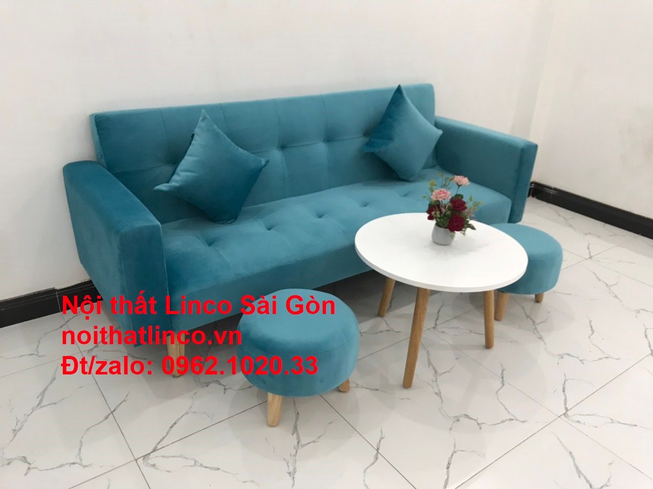 Bộ ghế sofa giường giá rẻ dài 2m màu xanh nước biển cho chung cư