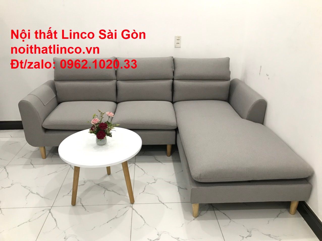 Bộ bàn ghế sofa góc chữ L | Salon sopha xám ghi trắng rẻ đẹp dài 2m2 | Nội thất phòng khách Linco Sài Gòn