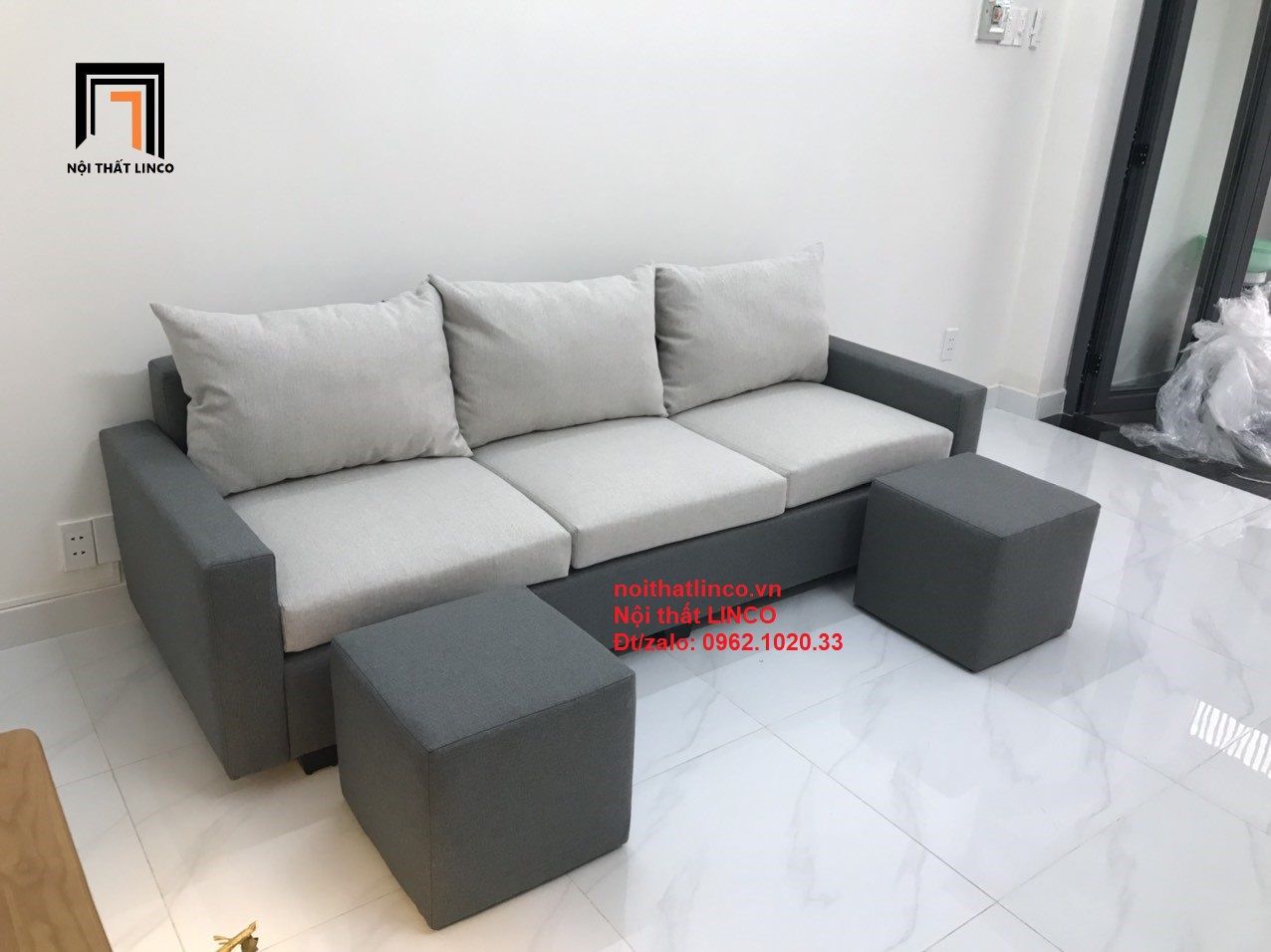 Bộ ghế sofa băng 2m phòng khách xám đen hiện đại