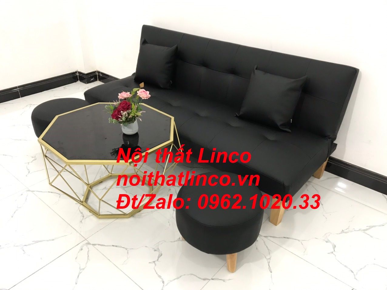 Bộ bàn ghế sofa bed, sofa giường simili đen giá rẻ 1m72