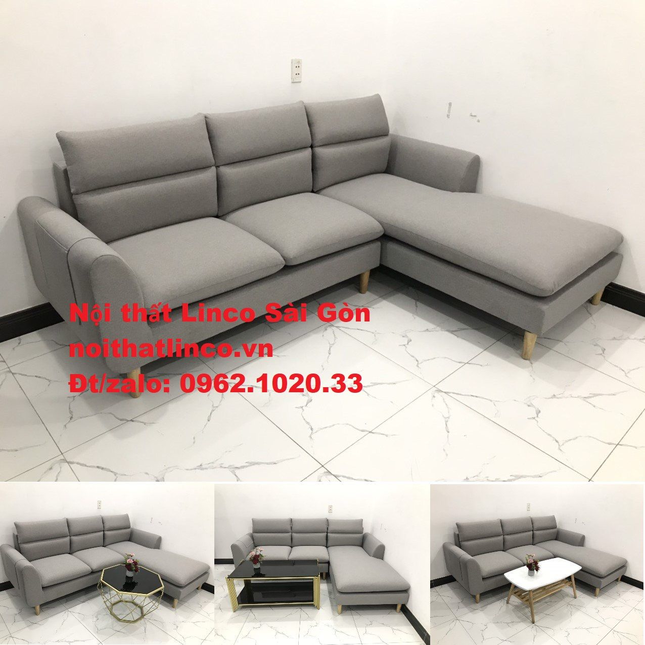 Bộ bàn ghế sofa góc chữ L | Salon sopha xám ghi trắng rẻ đẹp dài 2m2 | Nội thất phòng khách Linco Sài Gòn