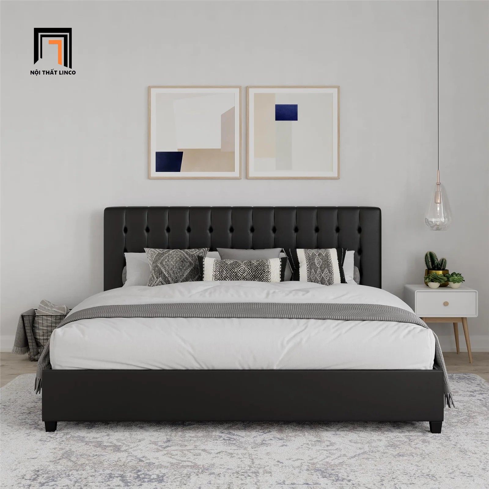Giường ngủ bọc da giả màu đen GN5 Acquaviva sang trọng