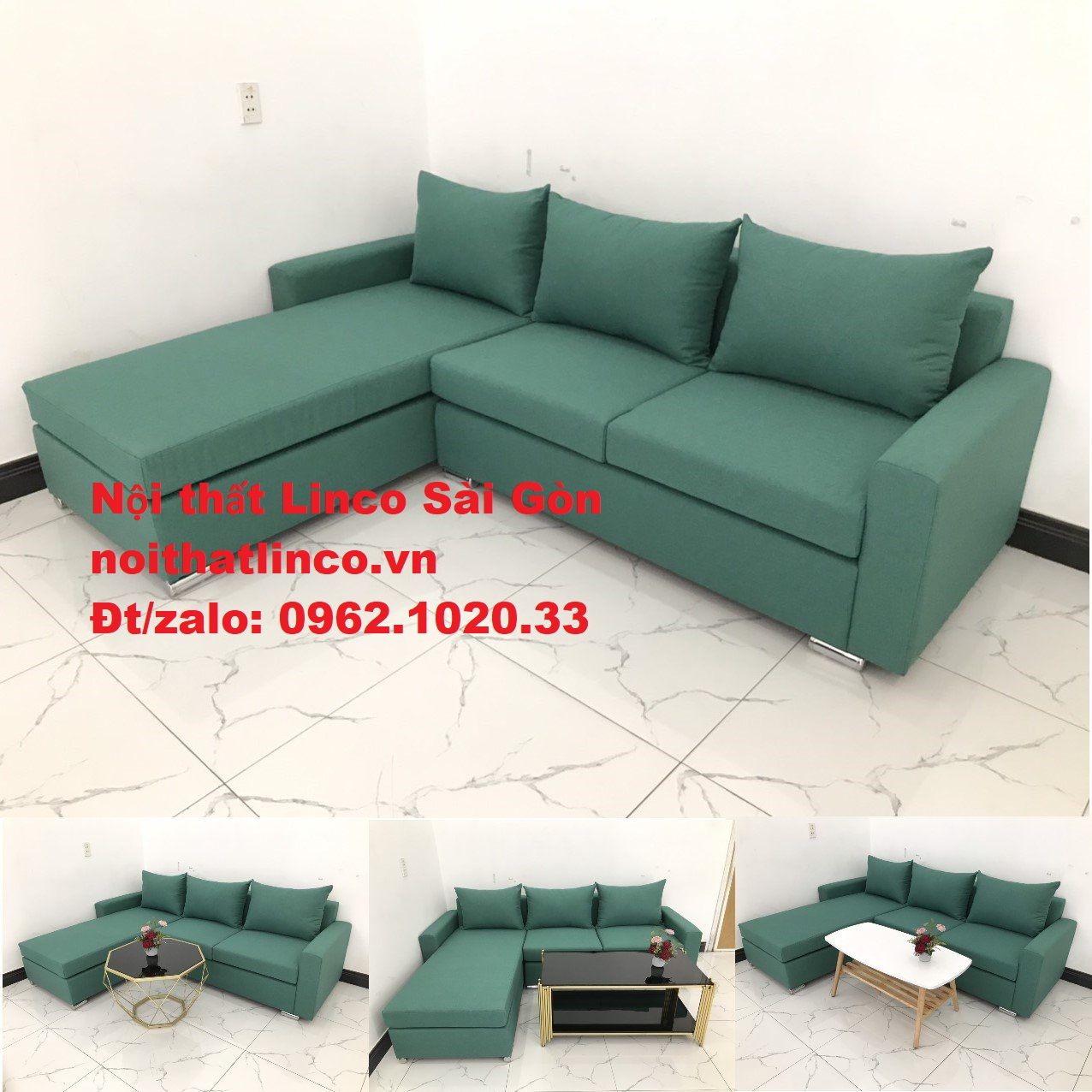 Bộ ghế sofa góc giá rẻ, ghế sofa góc vải màu xanh ngọc đẹp hiện đại | Nội thất Linco HCM Sài Gòn
