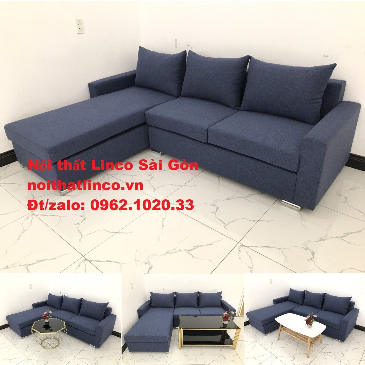 Bộ bàn ghế sofa góc L đẹp, sofa góc dài 2m2 nhỏ rẻ xanh dương đen | Nội thất Linco Tphcm
