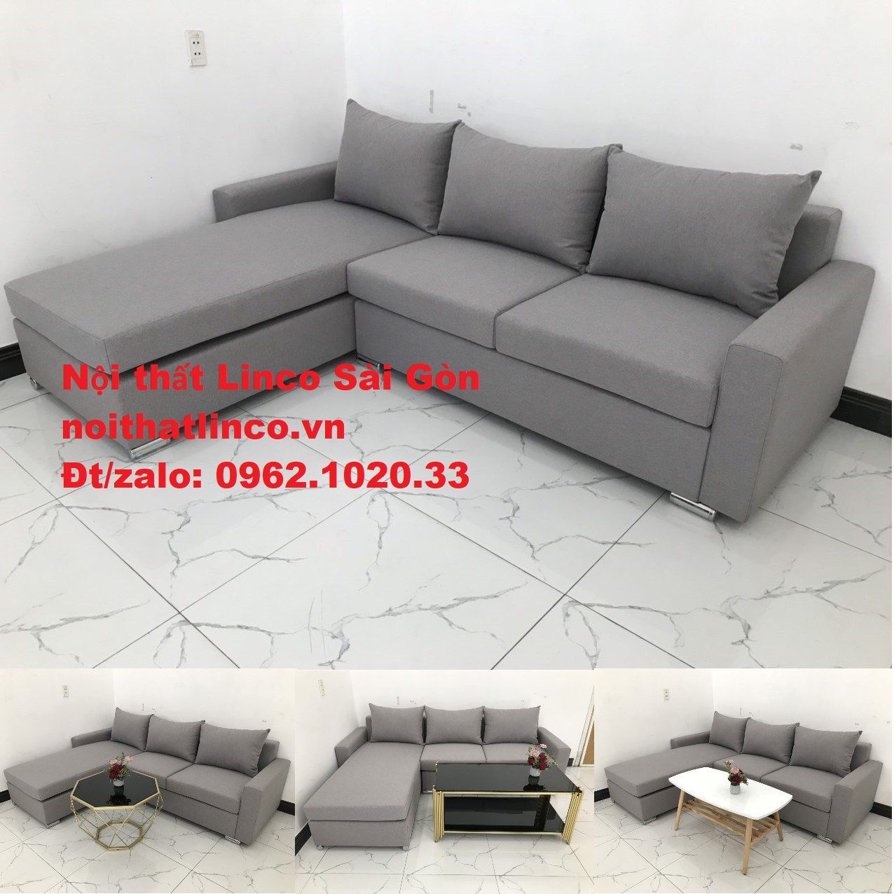 Sofa góc xám trắng giá rẻ | Sofa góc L xám ghi trắng rẻ đẹp | Nội thất Linco Sài Gòn