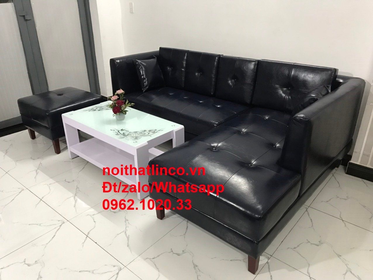 Bộ ghế sofa góc da giả 2m2 x 1m6 màu xanh than